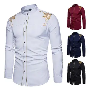 Alta calidad nueva moda hombres corte bordado manga larga botón cuello mandarín primavera Caballero blusa Formal Tops camisa Casual