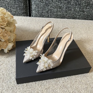 Nouvelles sandales slingback pour femme été 2026, talon aiguille, bout pointu, talon ouvert, nœud, couleur champagne - Product Image 1