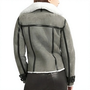 Women's Shearling Lined <b>Suede</b> Moto <b>Jacket</b> With Zipper Closure And Stand Collar Winter Warm Biker Style Coat - Product Image 3
