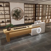Bureau d'accueil moderne sur mesure en bois massif avec éclairage LED pour hall d'entreprise, hôtel, salon de thé