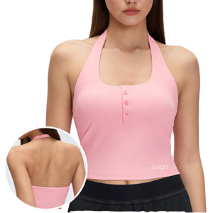 Women's <b>Pink</b> Ribbed Halter Tank <b>Top</b> With Button Front And Square Neckline For Yoga And Workout - Product Image 1
