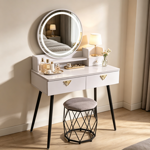 Modern Makeup <b>Vanity</b> With Lighted Mirror Storage Drawers Bedroom Dressing <b>Table</b> With Stool - Product Image 1