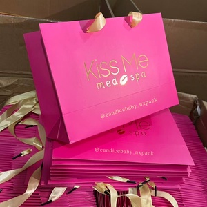 Custom Gold Foil Logo Rose Pink Cosmetic Products Packaging <strong>Paper</strong> Shopping <strong>Bags</strong> <strong>with</strong> Ribbon Handle - Product Image 1
