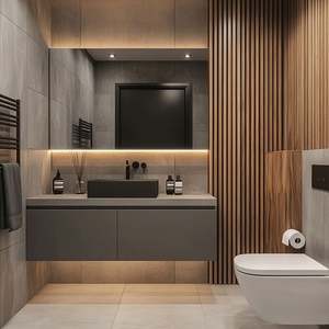 Modern Rectangle <b>Bathroom</b> Vanity with Mirrored Cabinet MDF Construction Stone Top LED <b>Lighting</b> Custom Size Luxury Finish - Product Image 5