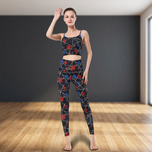 Ensemble de yoga imprimé géométrique, legging taille haute, crop top à fines bretelles, deux pièces, longueur intégrale, respirant, en Spandex et Polyester - Product Image 5