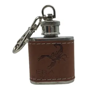 MOQ 500pcs Promotion 1oz/30ml Stainless Steel Mini PU Leather Wrapped Hip Flask With Customized Embossed Logo