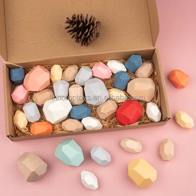 36pcs Set Rainbow Montessori Stacking Balancing Educational Model Toy Wooden Stone Stacking Game For Kids Rock Blocks