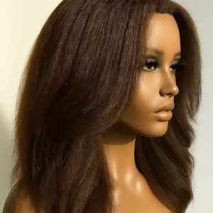 Perruque mi-longue en <span class=keywords><strong>cheveux</strong></span> humains, style Yaki Kinky Straight, brun, 16 pouces, fabriquée à la machine - Product Image 1