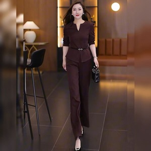 Women's Suit Set Slim Fit V Neck Top Wide Leg Pants Black Polyester Crepe Anti Wrinkle Casual Professional Two Piece Set - Product Image 5