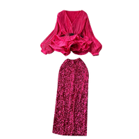 Ensemble élégant pour femme : haut à volants à col en V et manches longues, jupe midi à sequins taille haute, idéal pour les soirées