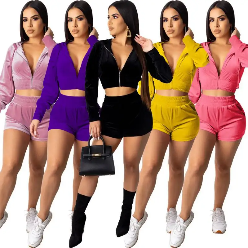 Sr221 womens long sleeve casual zipper crop hoodie top and shorts jogger 2 sets suede two piece set