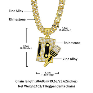 Collana in Lega di Zinco Placcata Oro a Tema <span class=keywords><strong>Hip</strong></span> <span class=keywords><strong>Hop</strong></span> con Catena a Maglie Geometriche, Ciondolo Bling Iced Tape e Microfono per Feste - Product Image 6