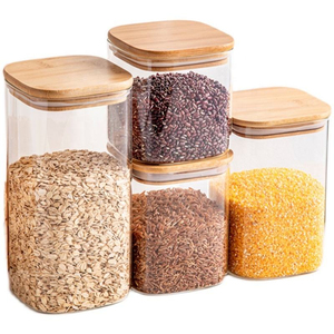 Household Square Glass <b>Storage</b> <b>Containers</b> Bamboo Lid 301-400ml Capacity Air-Tight <b>Stackable</b> for Tea Seasoning Cross-Border Food - Product Image 4
