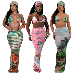Y1422 <span class=keywords><strong>Bikini</strong></span> estampado Traje de baño de mujer de moda Conjunto de tres piezas <span class=keywords><strong>sin</strong></span> pañuelo en la cabeza - Product Image 1