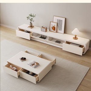 Modern Minimalist Tv Cabinet And <b>Coffee</b> <b>Table</b> Set White Solid Wood Storage Living Room Furniture With Drawers - Product Image 3