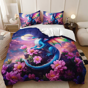 Parure de lit en polyester imprimée en 3D - Motif pterodactyle violet - 3 pièces - Housse de <span class=keywords><strong>couette</strong></span> + <span class=keywords><strong>demi</strong></span>-oreillers pour usage domestique - Product Image 6