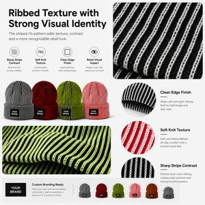 SHINY Bonnets d'hiver en tricot côtelé avec revers, à patch en cuir personnalisé et rayures, pour équipes sportives, clubs, marques de détail - Product Image 3