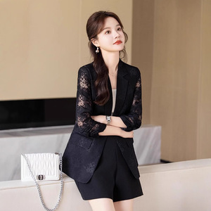 Women's Green Lace Suit Set Summer Lightweight Breathable Shorts Two Piece Casual Jacket With Floral Pattern - Product Image 3