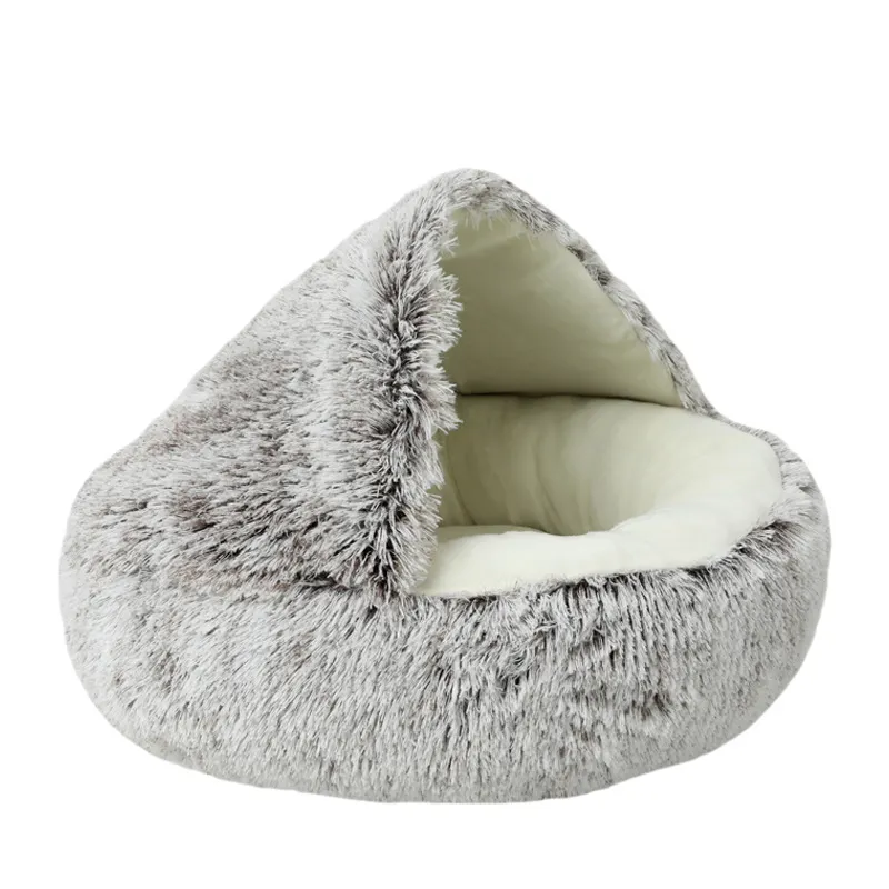 Lit pour animaux de compagnie en fausse fourrure douce personnalisé en gros capuche de grotte en peluche de luxe pour chats et chiens petite taille couverture amovible imprimé animal