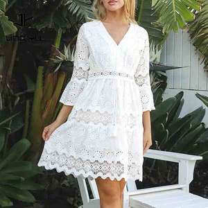 Robe Courte Bohème Élégante Brodé(e) à Col en V et Manches Évasées en Coton Biologique Personnalisable – Conception d'Usine - Product Image 4