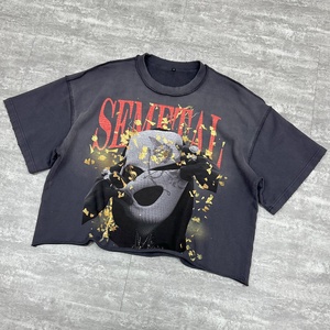 Camiseta de Diseñador 100% Algodón Grueso, Estilo Urbano, Desgastada, Corta, Lavada al Ácido, Personalizada, Oversize para Hombre - Product Image 1