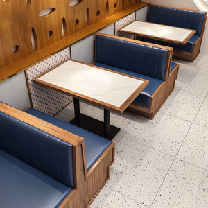Set di Sedute per Ristorante Commerciale con Sedie e Divanetti in Legno, Tavolo con Piano in Marmo e Sedie Imbottite Blu per Bistrot e Caffè - Product Image 6