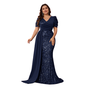 Abito Lungo <span class=keywords><strong>da</strong></span> <span class=keywords><strong>Sera</strong></span>/Cocktail Elegante Plus-Size Stile Europeo-Americano con Paillettes, Patchwork, Scollo a V e Maniche a Sbuffo in Poliestere - Product Image 1