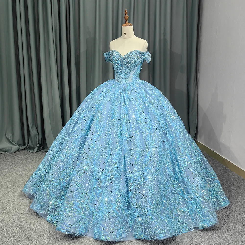 Gaun Quinceanera biru langit berkilau gaun pesta mewah Formal manik-manik renda manis 15 gaun bola wisuda Gwon 6555-2