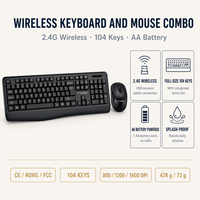 Ensemble clavier et souris sans fil 2,4 G, 104 touches, piles AA, résistant aux éclaboussures, disposition espagnole, en stock pour la vente en gros