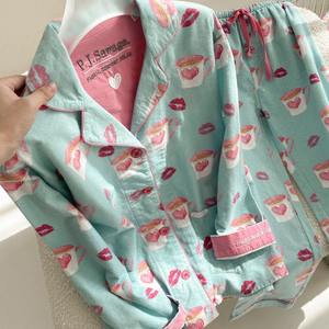 Conjunto de Pijamas de Algodón 100% para Mujer con Estampado de Dibujos Animados, Patrones de Corazón/Labios/Taza de Café, Mangas Largas, Cintura <span class=keywords><strong>El</strong></span>ástica, Tejido de Punto para Invierno - Product Image 2