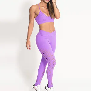 Ustomied-Sujetador deportivo morado transpirable con agujeros, mallas de cintura y sujetador suave para entrenamiento y yoga, 2 piezas