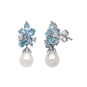 Lab Created Silver Sterling Stud Earrings Women Dainty Flower Shape Marquise Topaz With Baroque Water Drop Pearl Of Freshwater