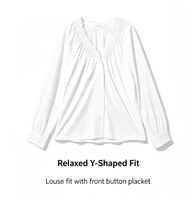 Chemisier OEM plissé à col en V pour femme, manches longues bouffantes, boutonné, décontracté, quotidien, coupe ample, col élastique, élégant