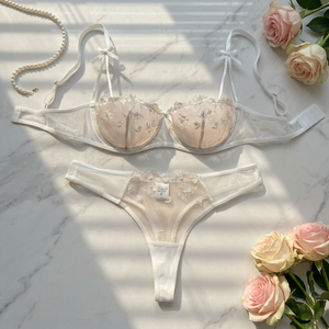 White Floral Rose Embroidery Lingerie <b>Set</b> <b>Sexy</b> Sheer Mesh Underwire Bra and Thong Panties <b>Set</b> 2 Piece Bow Lace Bra <b>Set</b> OEM ODM - Product Image 4