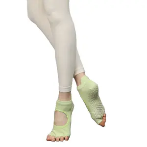 Kaus kaki Yoga profesional wanita, kaus kaki Yoga dalam ruangan musim semi katun tanpa punggung terbuka dengan 5 jari anti-selip pola kotak-kotak tinggi