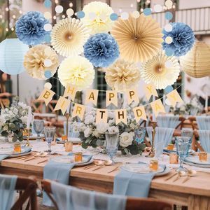 Decorazioni per <span class=keywords><strong>Compleanno</strong></span> Blu Polvere, Beige e Champagne, Stile Boho Neutro, Striscione 'Happy Birthday', Pompon, Lanterne, Ventagli, Ghirlande con Nappe per Matrimoni e Compleanni - Product Image 4