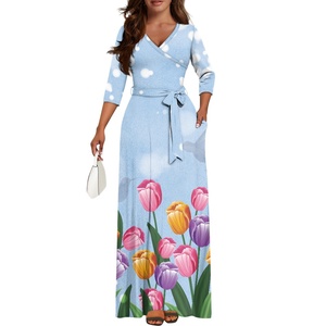 Hot <strong>Tulip</strong> Print V-neck Belt Custom <strong>Dresses</strong> High Waist Maxi <strong>Dress</strong> A-Line Flowy Maxi <strong>Dresses</strong> Wholesale - Product Image 2