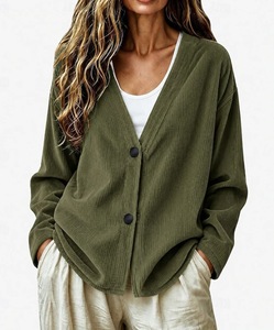 Cardigan en tricot côtelé bleu clair pour femme, col en V, boutons sur le devant, pull oversize pour l'automne et l'hiver, tenue décontractée - Product Image 5