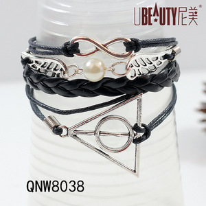 Fashion Charm <b>Bracelet</b> Black Leather <b>Infinity</b> Wings Geometric Design Tibetan Silver Multi-layered Stackable Jewelry - Product Image 2