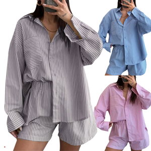Conjunto Casual de Moda para <span class=keywords><strong>Mujer</strong></span>, Verano 2026, Ropa de Calle, Camisa de Manga Larga a Rayas y Pantalones Cortos, Conjunto de 2 Piezas - Product Image 3