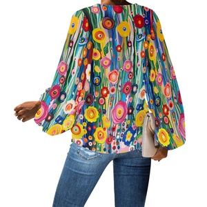À la mode fleurs imprimé femmes 2024 à manches longues hauts habillé décontracté col en V <span class=keywords><strong>tunique</strong></span> chemises en mousseline de soie ample <span class=keywords><strong>travail</strong></span> Blouse pour les femmes - Product Image 2