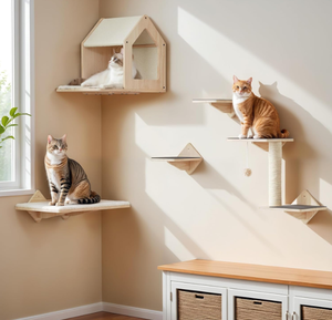 Estante de Pared para Gatos de Madera, Juego de 5 Piezas, Muebles de Pared para Gatos con Casa, Escalones, Poste Rascador - Product Image 4