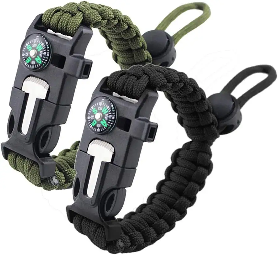 Survival Paracord Bracelet Flint Fire Starter Scraper Compass Wilderness Survival Whistle Adjustable Wristband