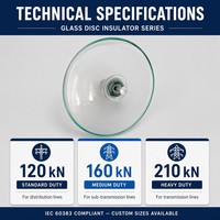 Isolateur en verre borosilicate sans entretien WOLF CABLE, grande capacité 120kN-210kN, anti-buée, 500kV, disque à rotule, pour zones côtières