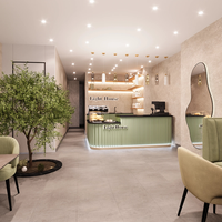 Comptoir de bar ondulé de style vert clair, texture douce et luxueuse, café, design en verre exquis, éclairage LED, étanche
