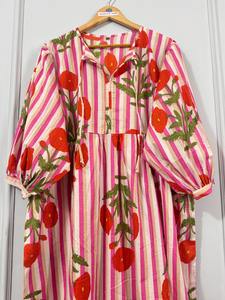 Robe d'été ethnique pour femme en coton écologique, rayée, à imprimé floral botanique, longueur genou, unie, faite à la main, coupe trapèze - Product Image 3