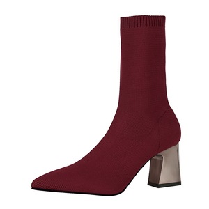 336-7 bottes pour femmes simples à la mode avec talons épais et bouts pointus hauts les rendent minces Sexy discothèque élastique bottines en laine - Product Image 2
