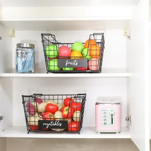 Black 3 Tier Stackable Baskets Kitchen Organizer Rack Food Fruit Mesh Wire Baskets For Hom Kitchen Countertop