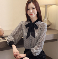 Chemise à manches lanternes tendance pour femmes, automne-printemps, col à nœud, boutonnage simple, chemises de travail de bureau, chemises à carreaux vintage