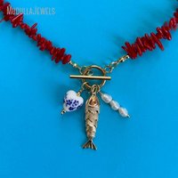 Collier avec pendentif en forme de cœur multi-poissons NM59452, coquillage de corail rouge, collier ras du cou, bijoux bohèmes d'été, cadeau sur le thème de la vie marine